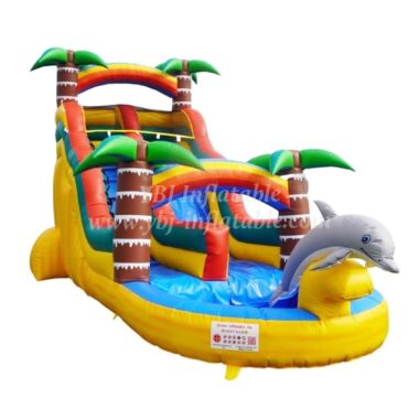 T8-1332 Dolphin Theme Inflatable Palm Tree Water Slide Kids Party Adults Inflatable Slide With Pool